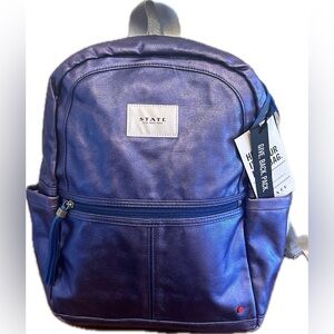 NWT STATE Kane Backpack in metallic indigo with pink and silver straps.